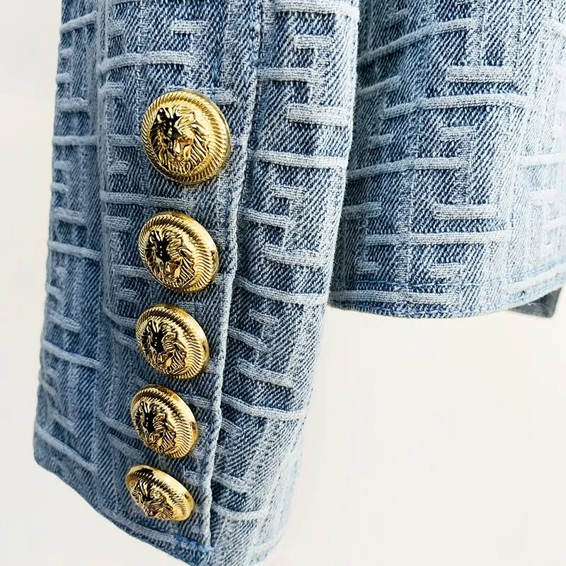 Slim Fitting Double Breasted Geometric Denim Blazer