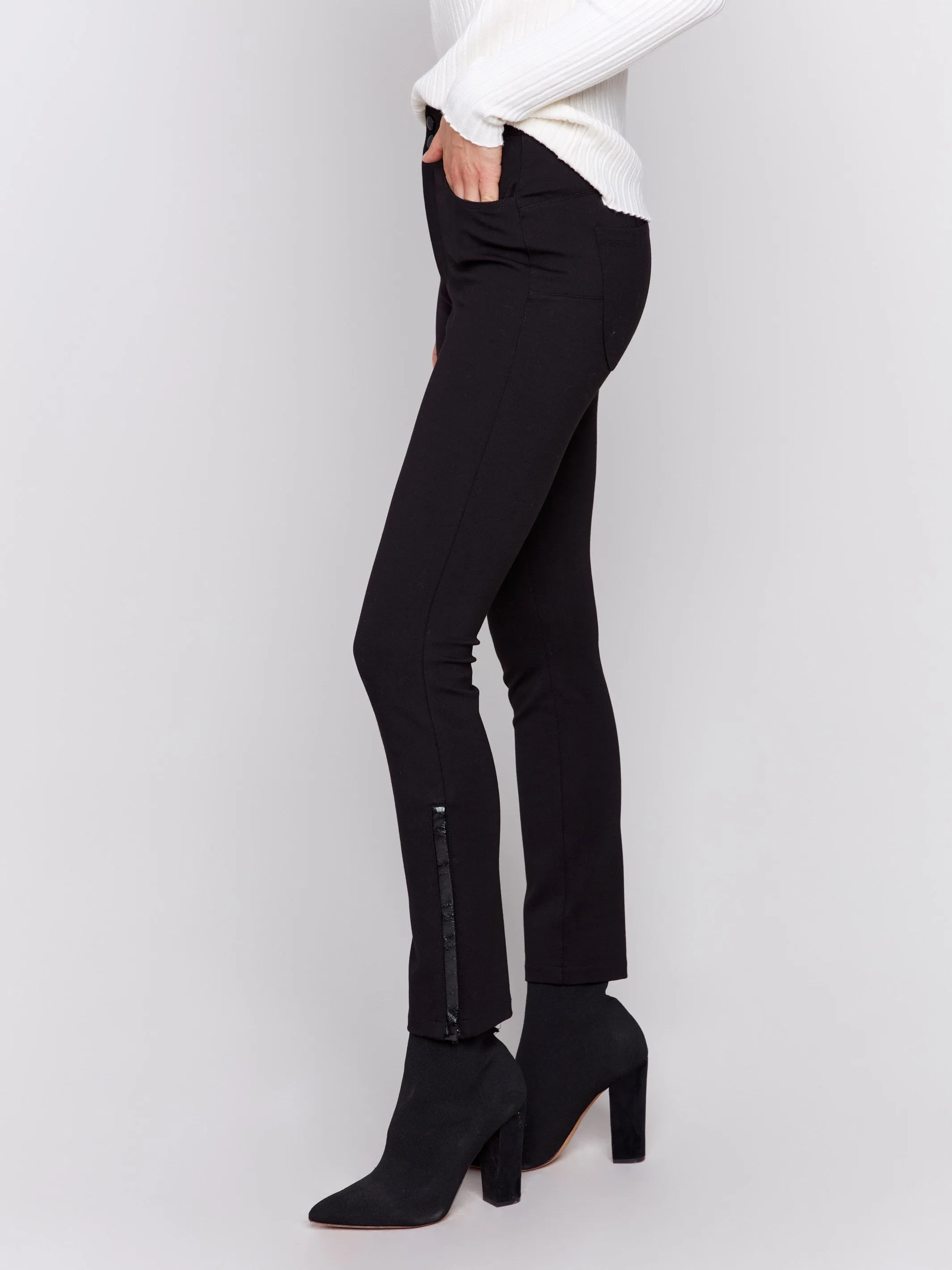 Slim Ponte Pants with Side Vinyl Detail - Black