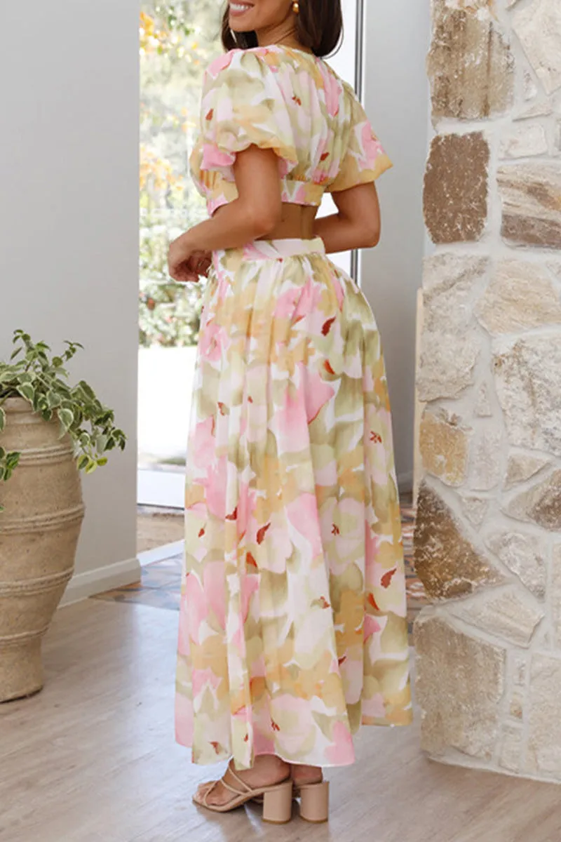 Sweet Elegant Floral Backless V Neck A Line Dresses