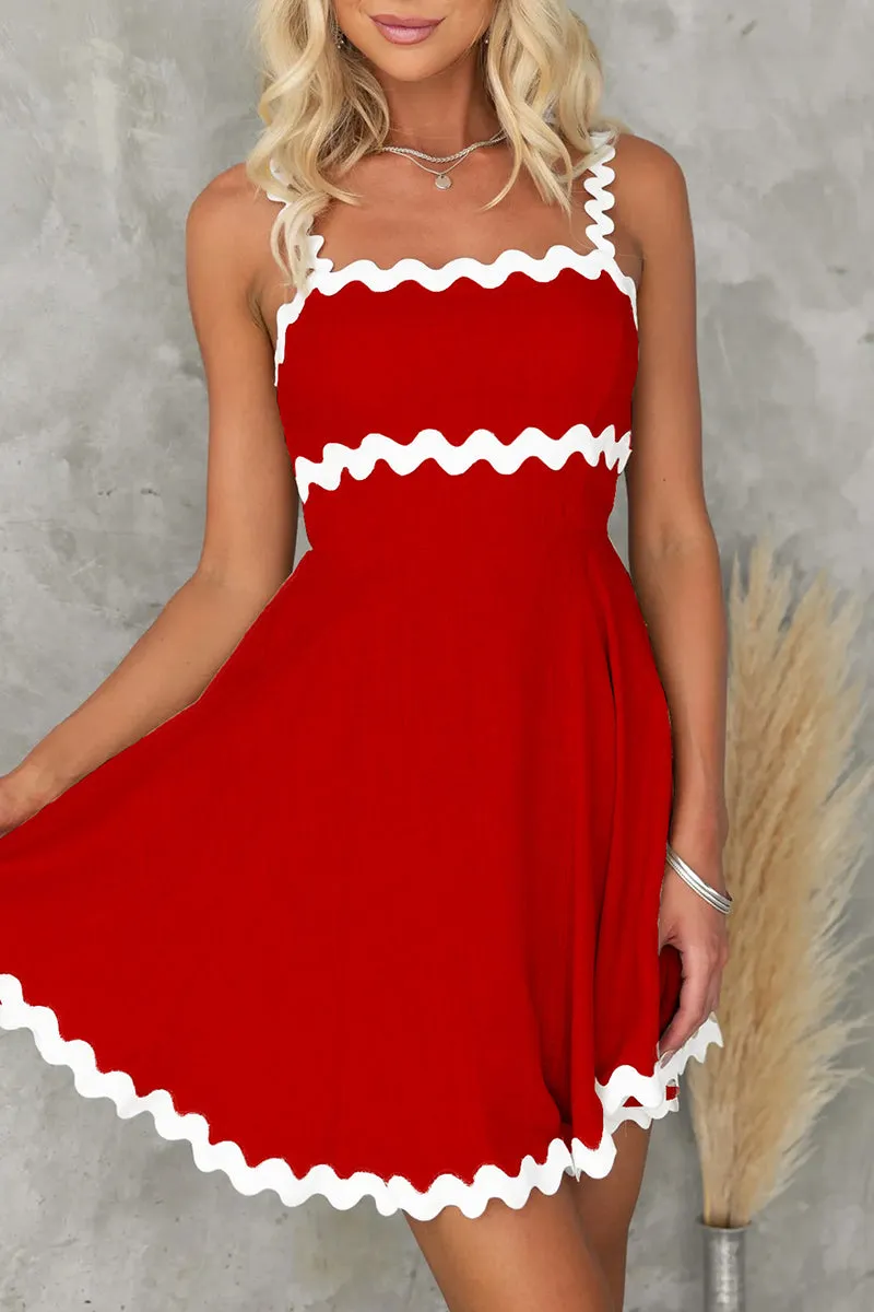 Sweet Elegant Ripple Contrast Square Collar Sling Dress Dresses