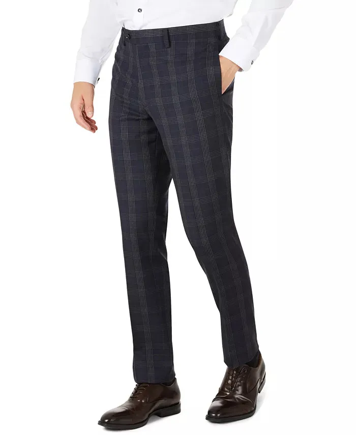 Tallia Mens Slim-Fit Navy Plaid Wool Dress Pants, Size 34X30