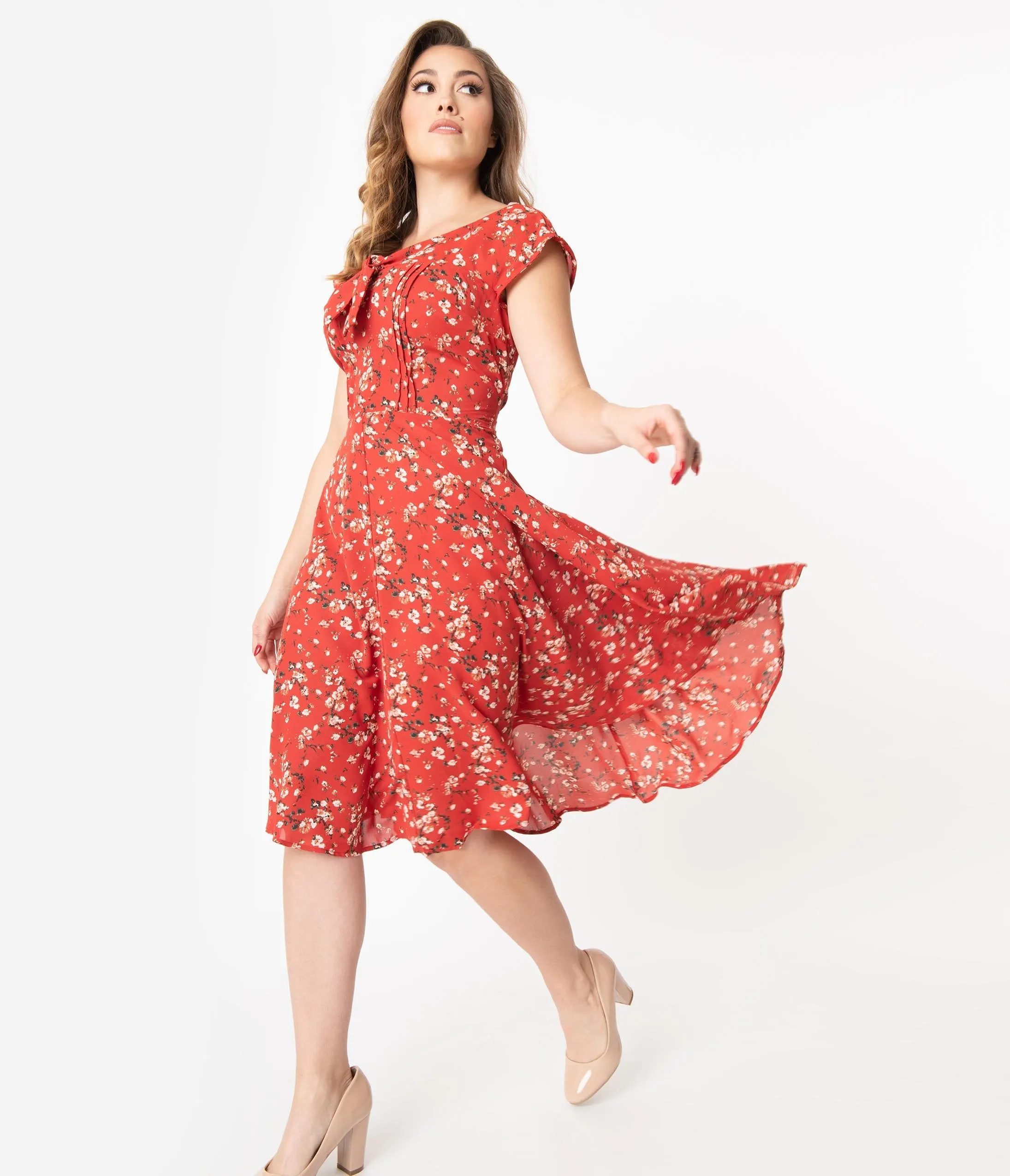 Unique Vintage 1940s Style Red Floral Print Havilland Dress