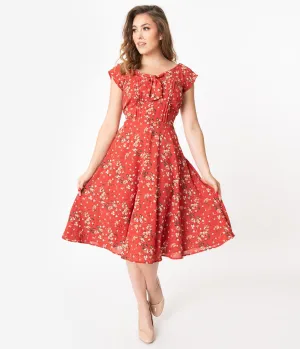 Unique Vintage 1940s Style Red Floral Print Havilland Dress