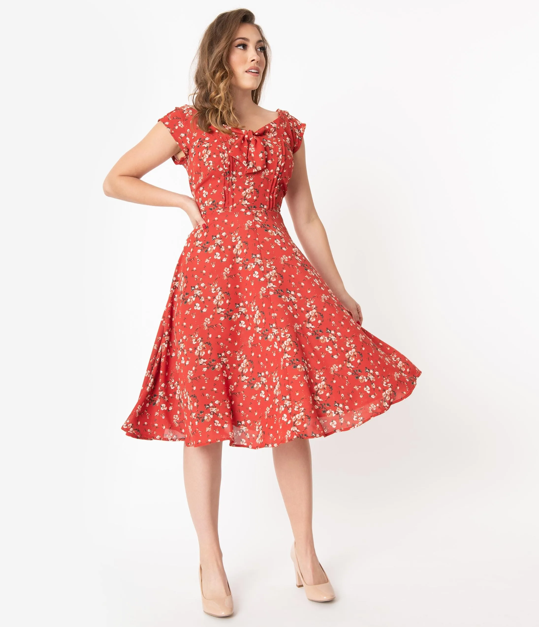 Unique Vintage 1940s Style Red Floral Print Havilland Dress