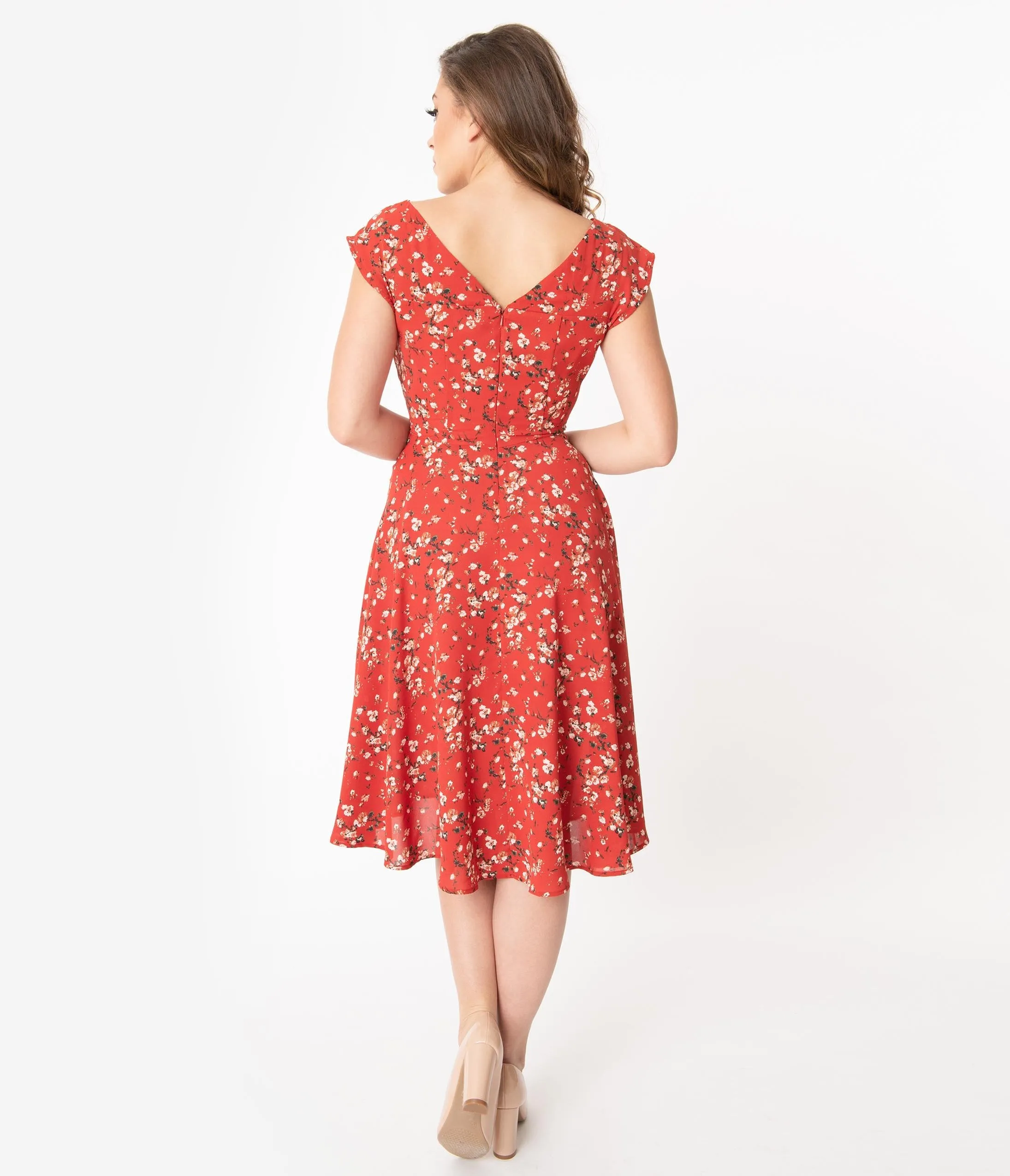 Unique Vintage 1940s Style Red Floral Print Havilland Dress