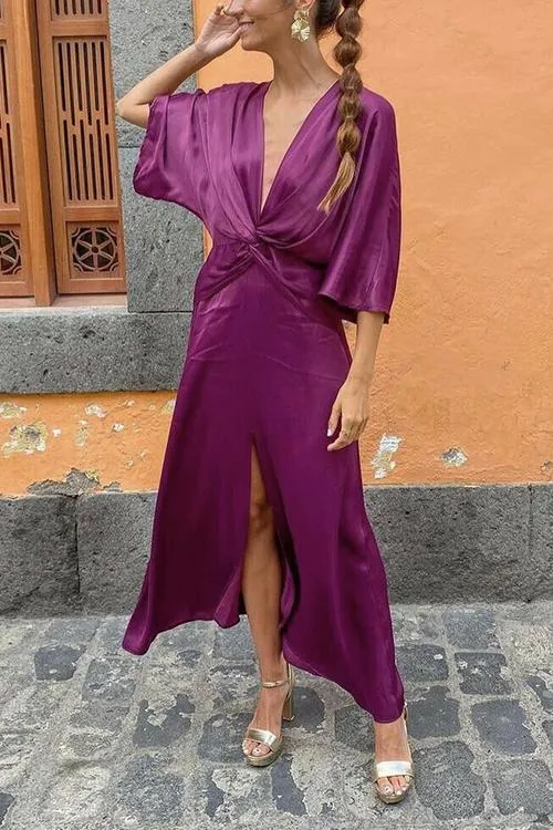 V Neck Satin Batwing Maxi Dress