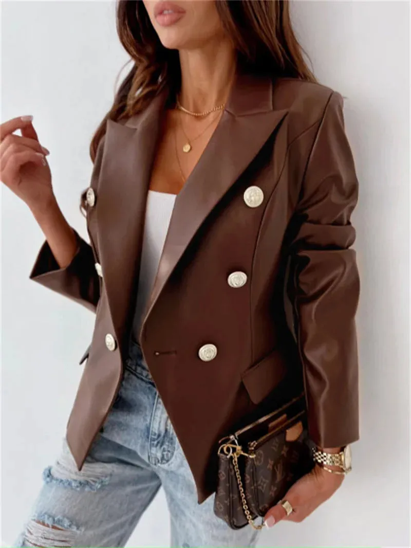 Vegan Leather Double Breasted Blazer