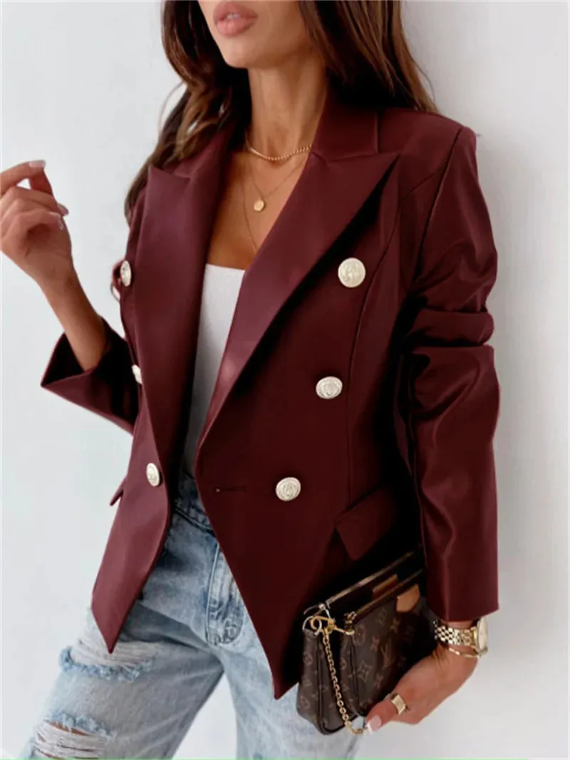 Vegan Leather Double Breasted Blazer