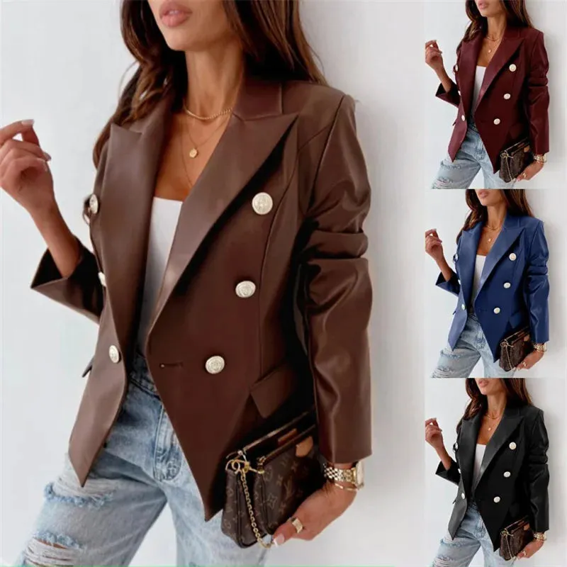 Vegan Leather Double Breasted Blazer