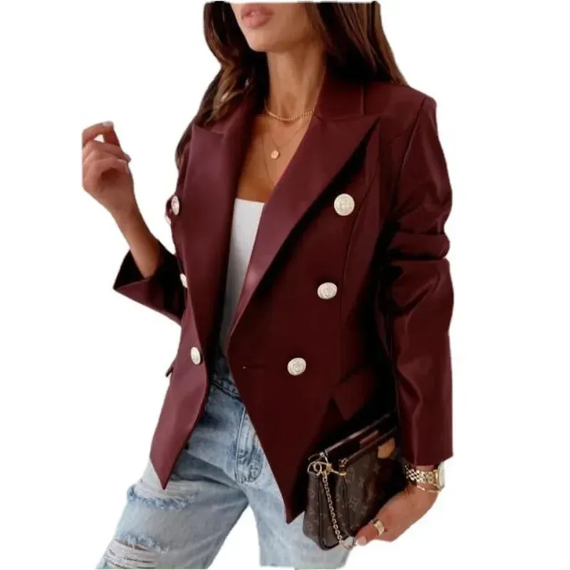 Vegan Leather Double Breasted Blazer