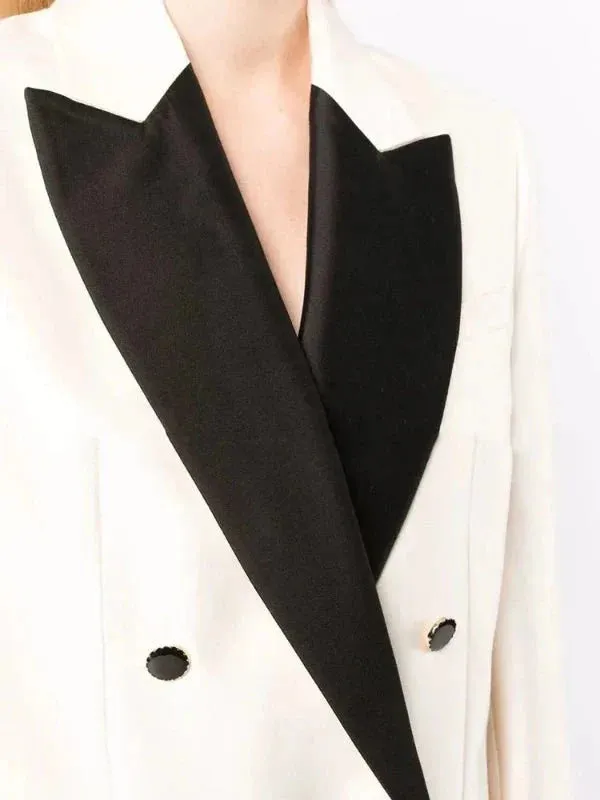 Wenkouban-Winter outfits Christmas Black Friday Contrast Notched White Double Breasted Blazer