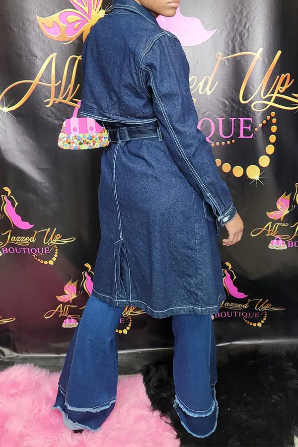 xiangtuibao Patchwork Classic Belted Denim Trench Coat