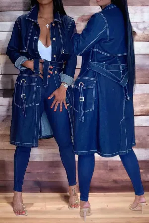 xiangtuibao Patchwork Classic Belted Denim Trench Coat