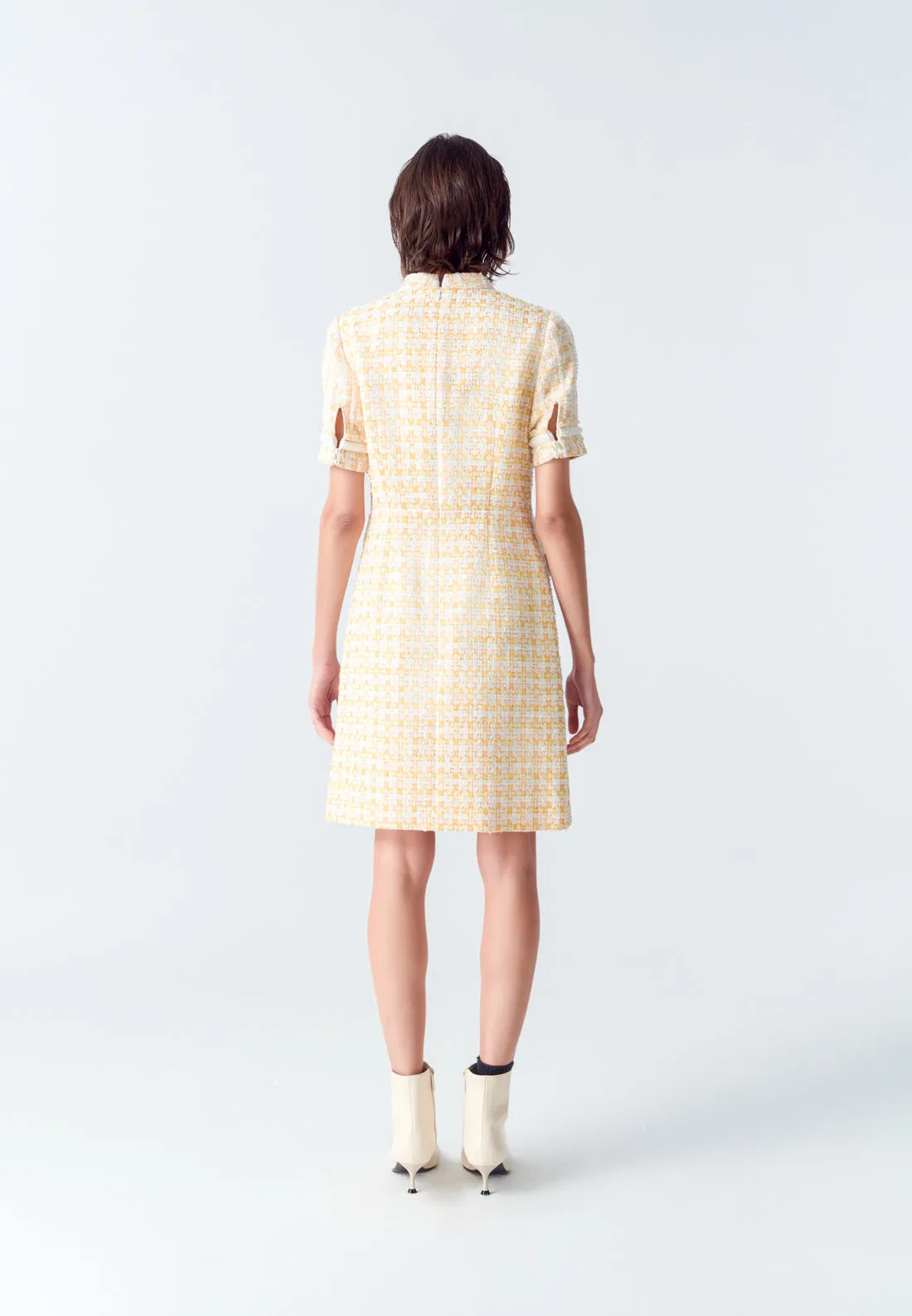 Yellow Signature Stand Collar Tweed Dress