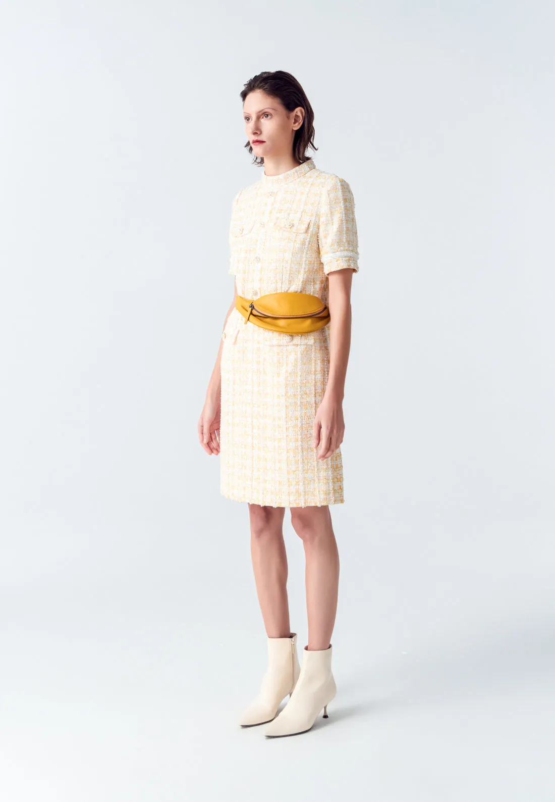 Yellow Signature Stand Collar Tweed Dress