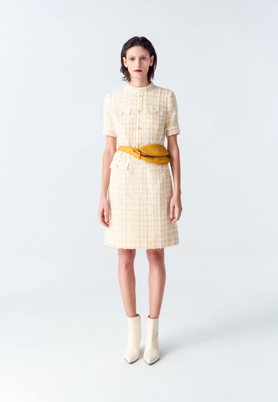 Yellow Signature Stand Collar Tweed Dress