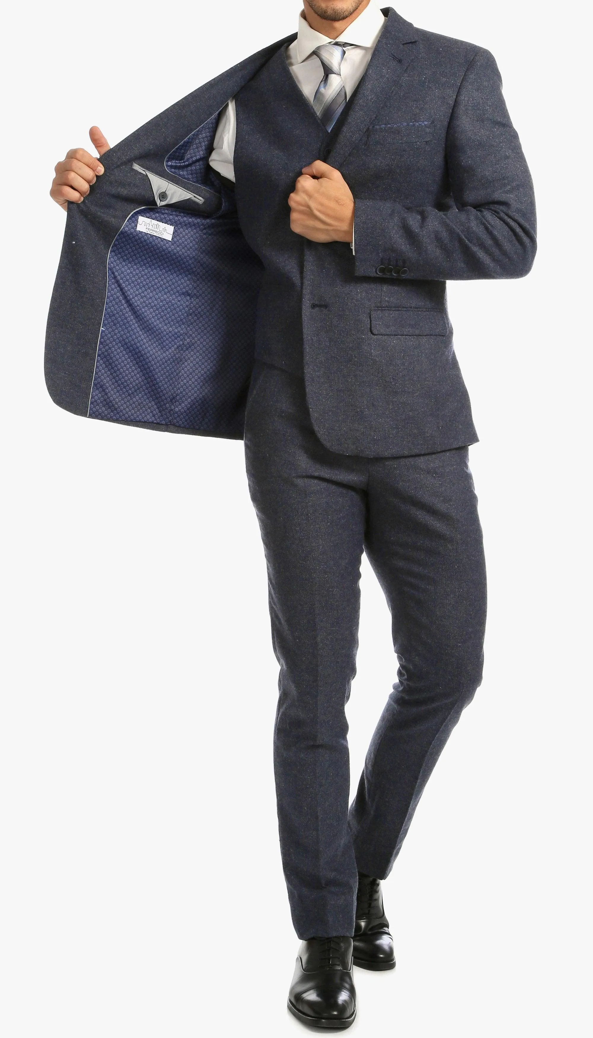 York Navy Slim Fit 3 Piece Herringbone Suit